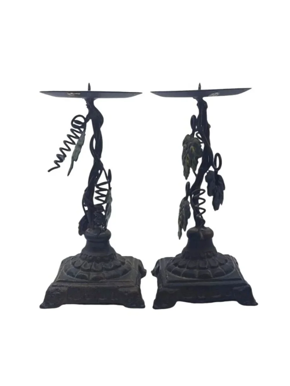 Vintage Cast Iron Metal Grape Vine Pillar Candle Holders Set Of 2 Rustic Decor